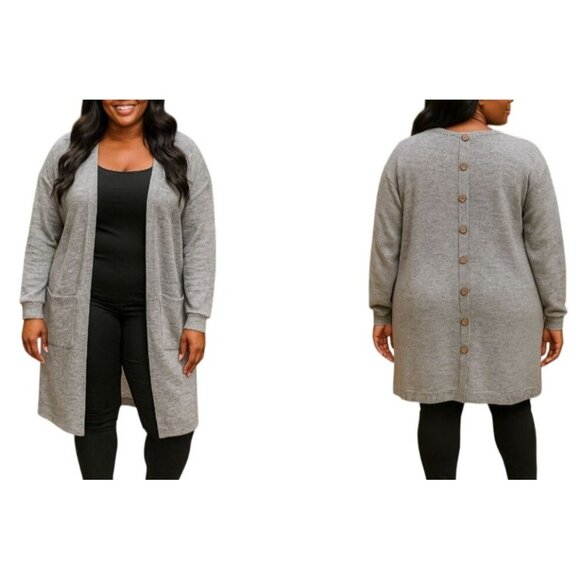 Womens Size Large Cardigan Grey Longline Button-Back Pockets Casual Plus - Picture 1 of 9